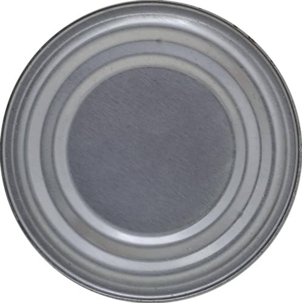 Roast beef hash can lid, silver-gray top view