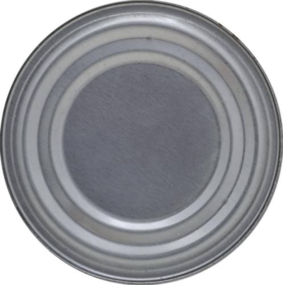 Roast beef hash can lid, silver-gray top view