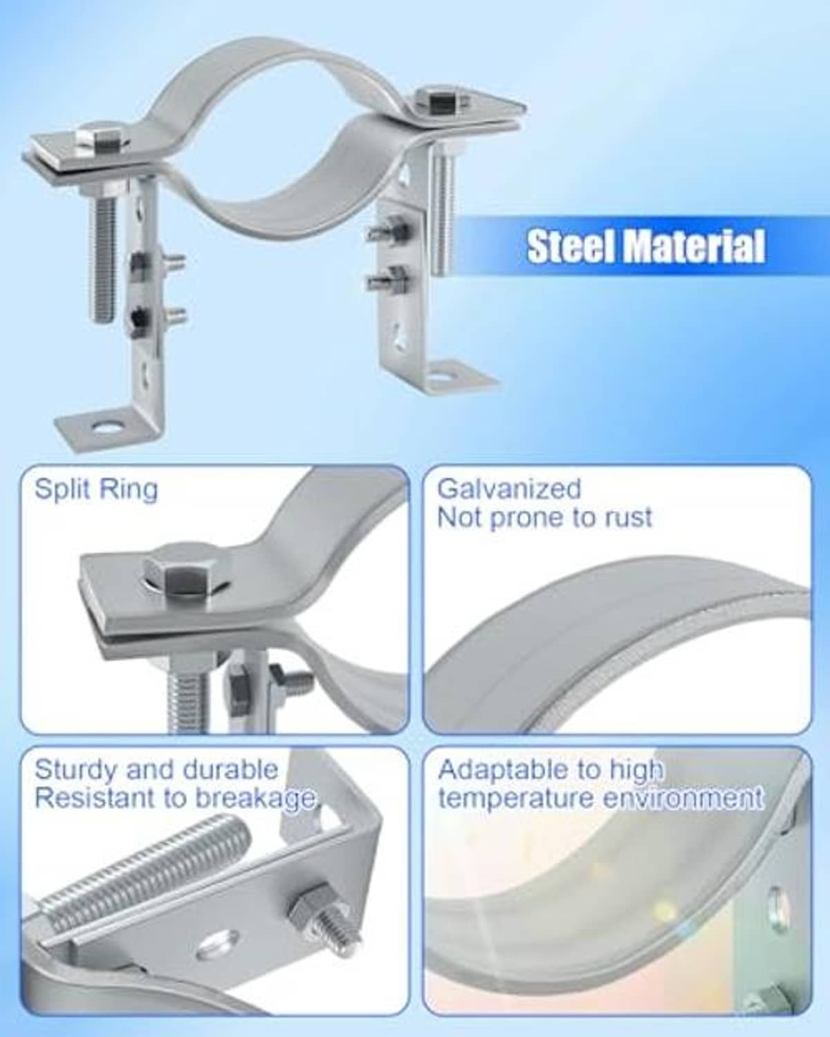 Galvanized split-ring pipe bracket set with screw hardware and wall bracket, gray
