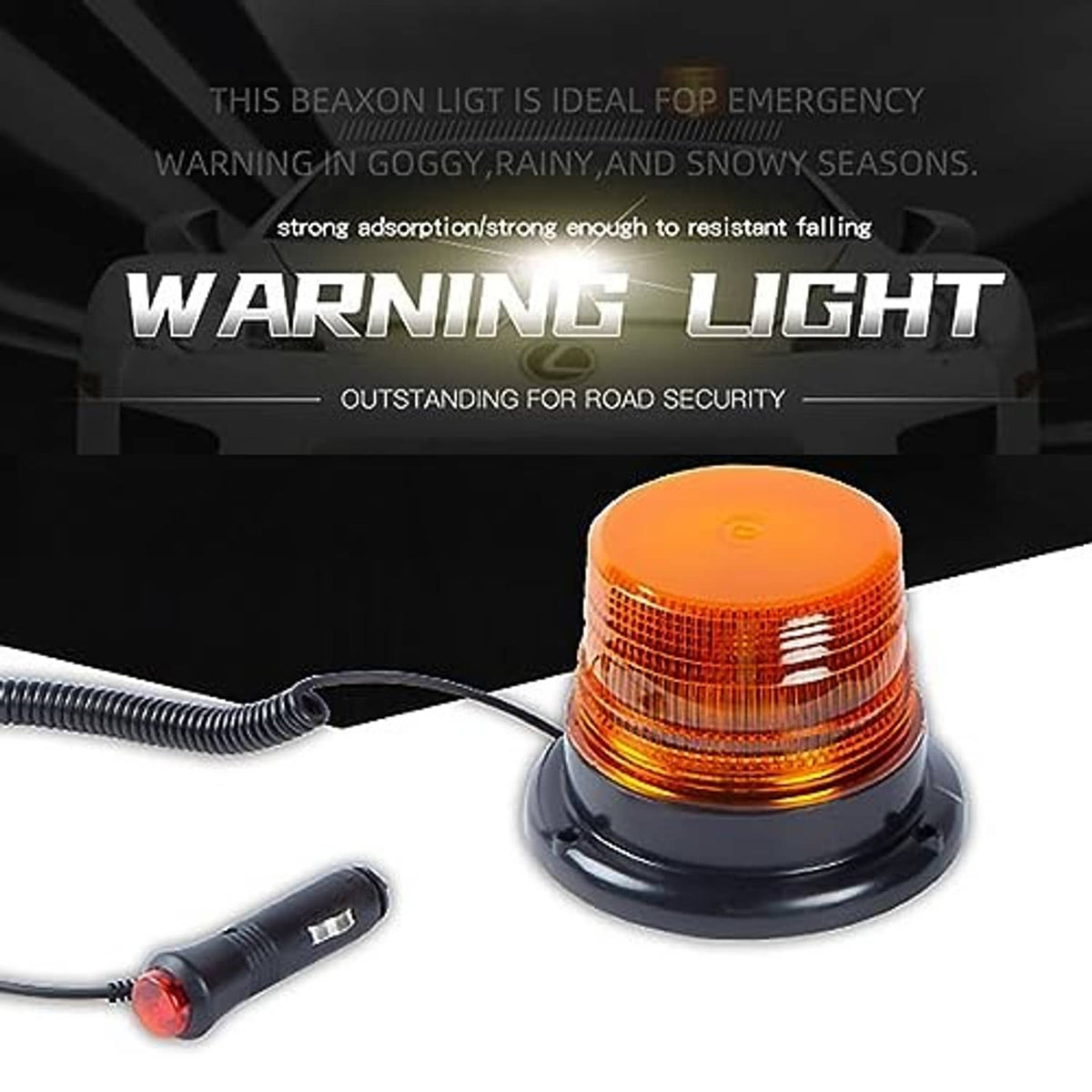 Amber LED warning beacon strobe light with black base and attached power cable