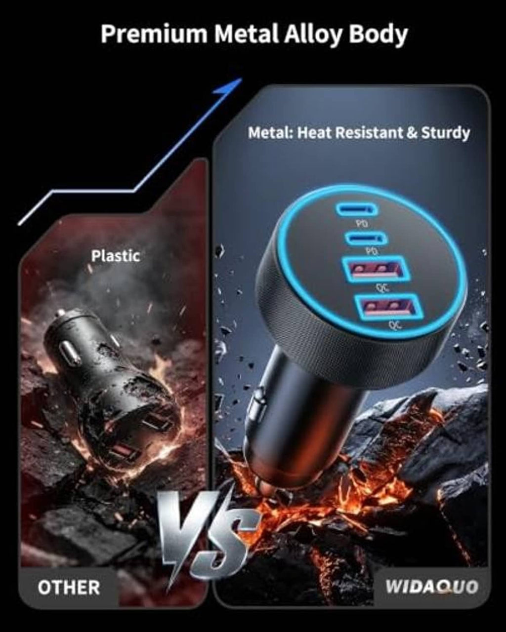 Black metal-look car charger with blue LED ring, shown with water and heat resistance