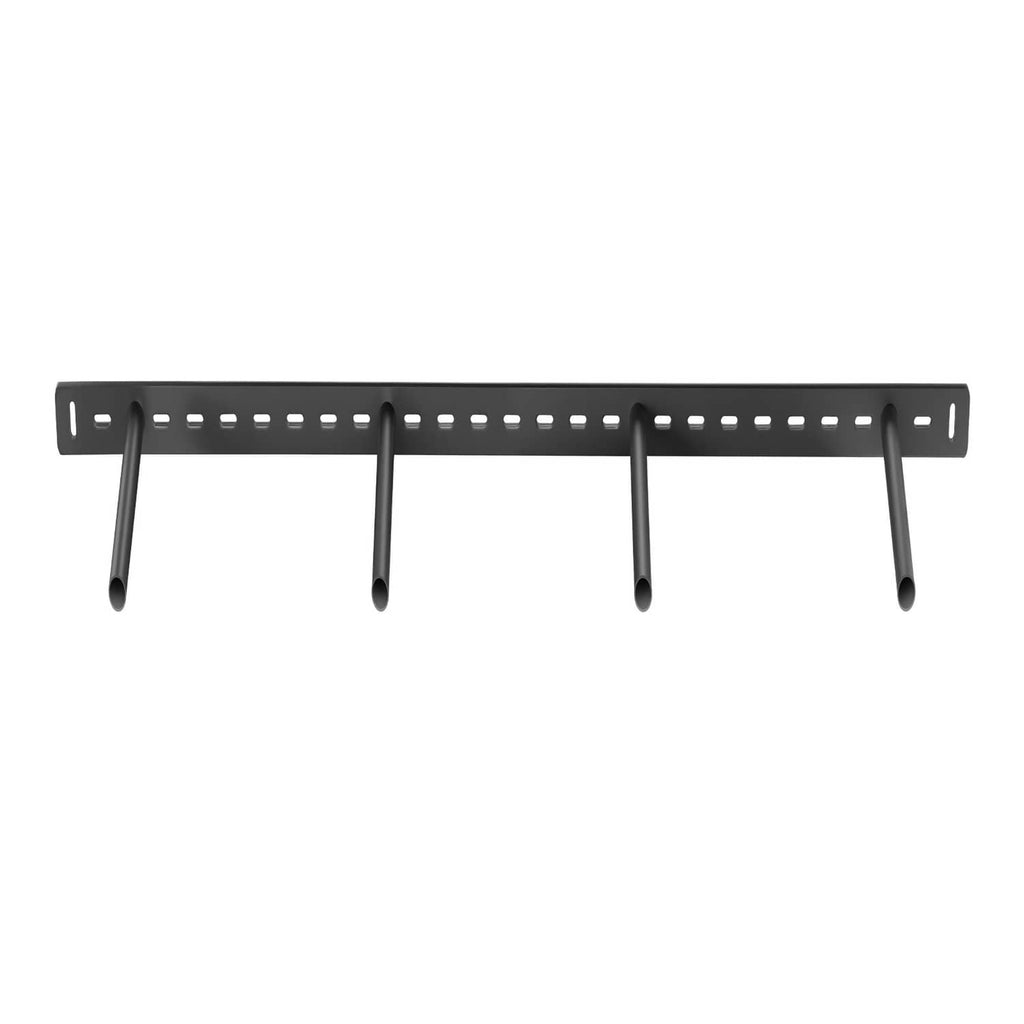 Black metal floating shelf bracket with perforated rail and four hanging hooks