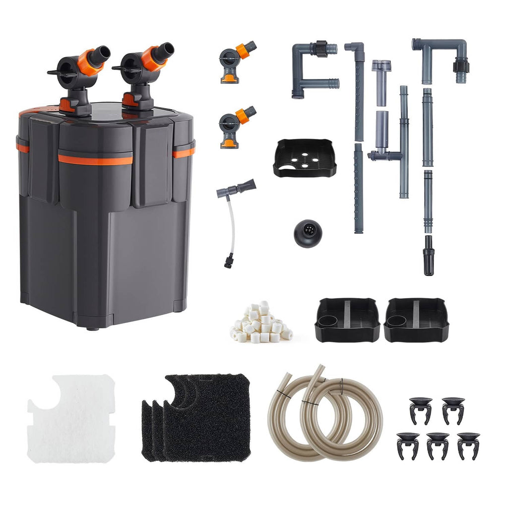 External aquarium filter kit with canister, tubes, media pads, ceramic rings, and mounting parts