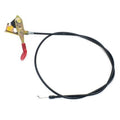 Throttle control cable with yellow lever bracket, red release handle, and black wire