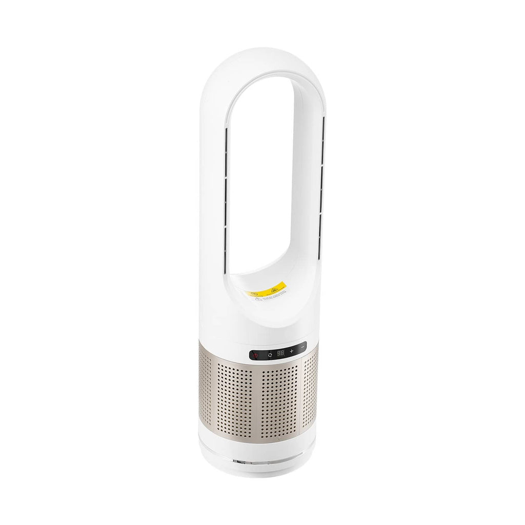 White bladeless tower fan air purifier with side view and control buttons near base