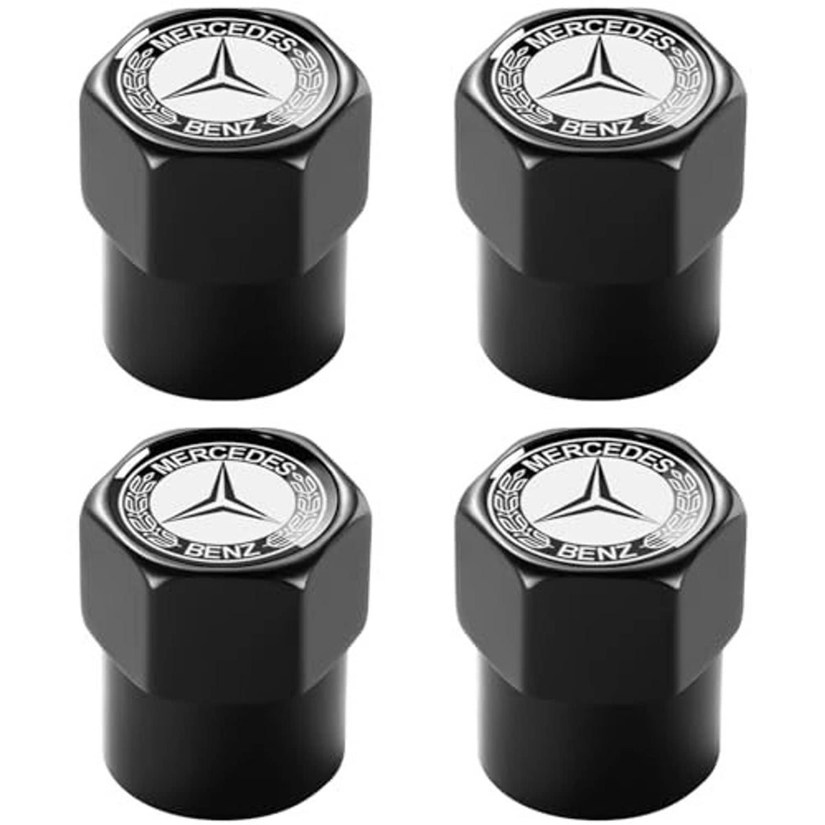 Four-pack of black metal tire valve stem caps with Mercedes star and BENZ emblem