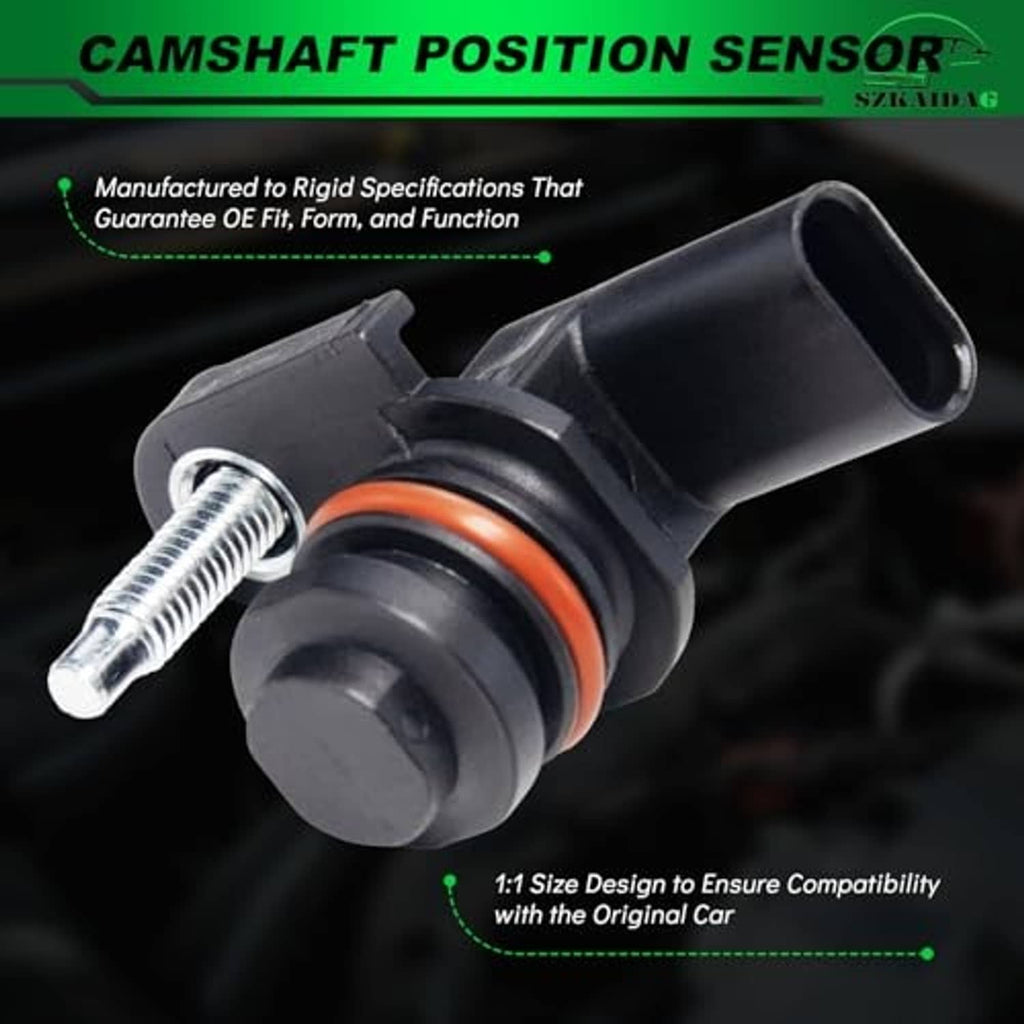 Camshaft position sensor with black plastic body, orange o-ring, and threaded mount