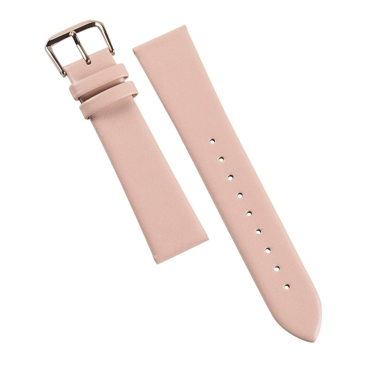 Pink leather watch band, 12mm, with rose-gold buckle and perforated holes