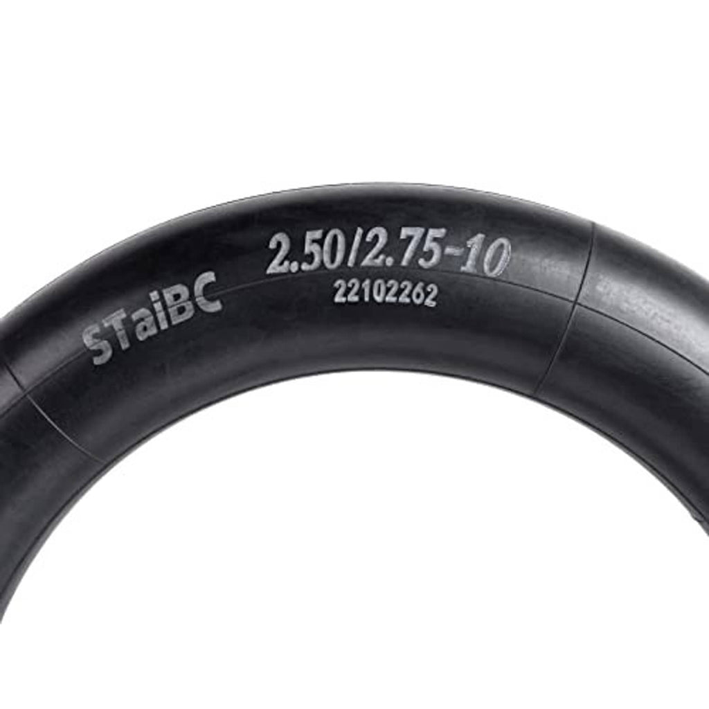 Black dirt bike inner tube with blue stripe and printed size marking