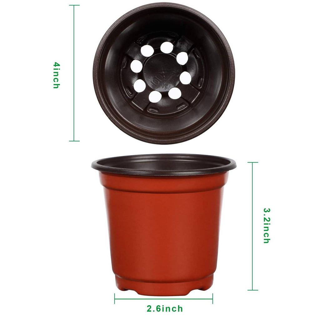 Red plastic plant pot with drainage holes on base and round rim, shown from top