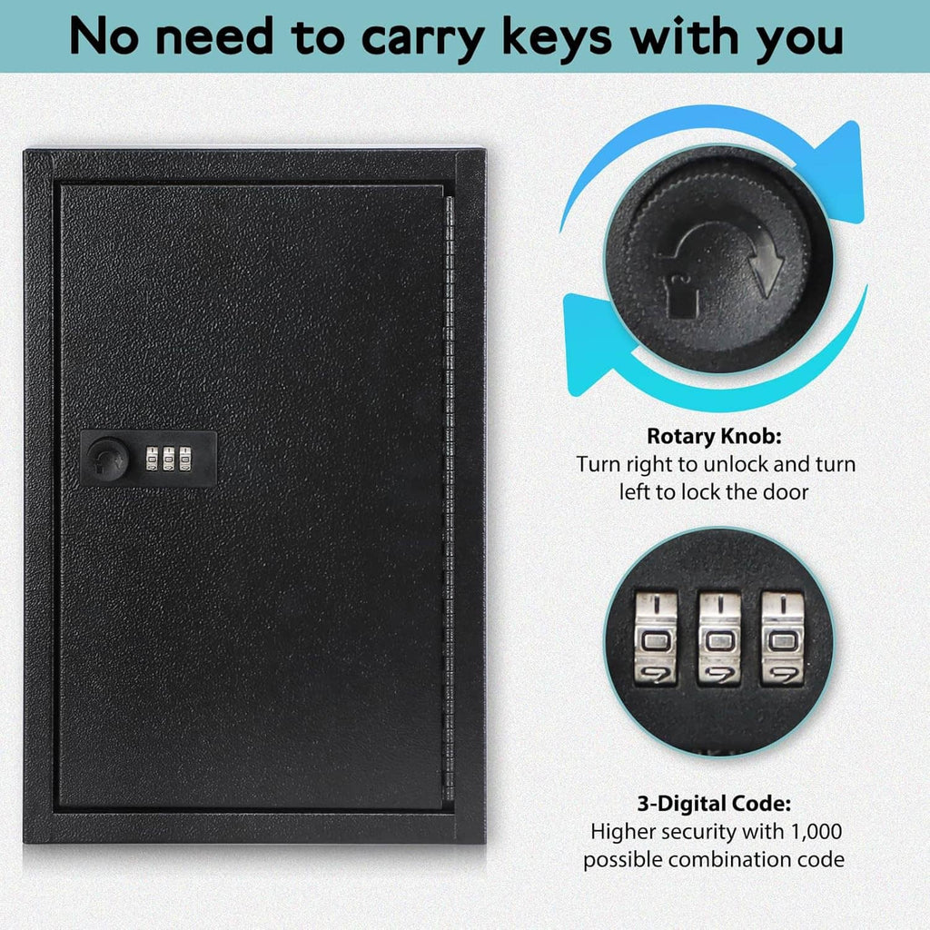 Wall key lock box front panel with keypad and rotary knob on dark textured metal