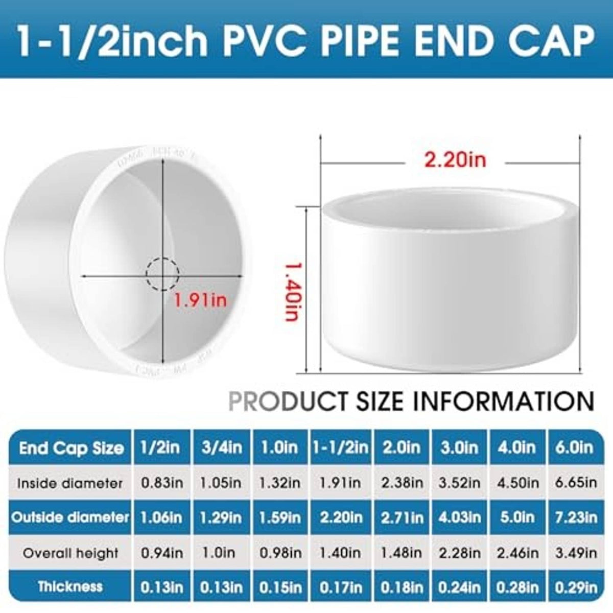 White 1-1/2 inch PVC pipe end cap with top and side size view