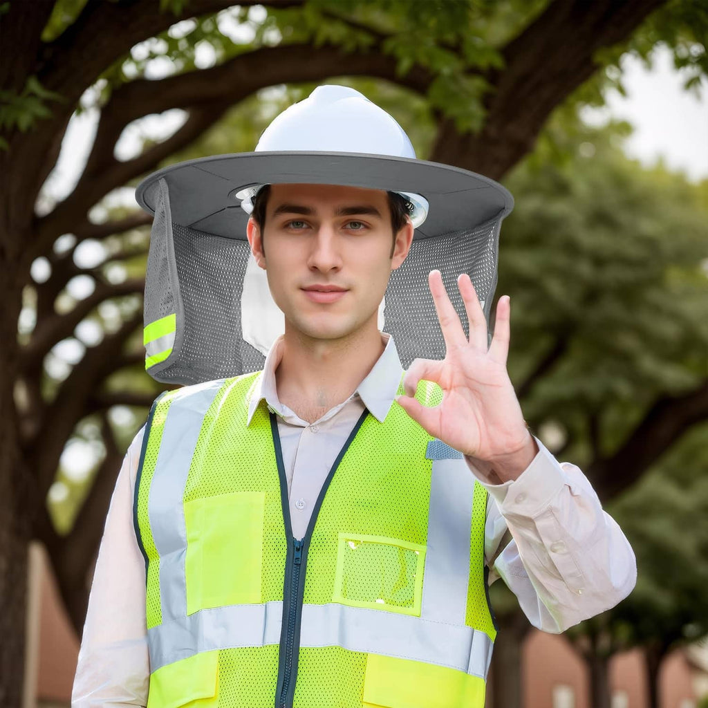 Grey hard hat sun shield mesh hat with wide brim and reflective band detail