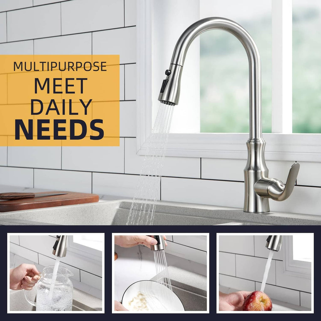 Brushed nickel kitchen faucet with angled sprayer and arcing water stream