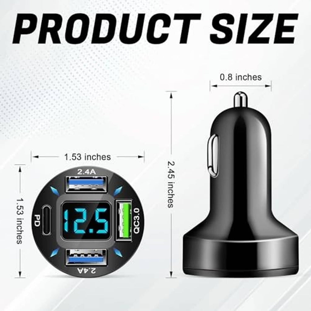 Black car charger adapter with LED screen and USB-A plus USB-C port layout