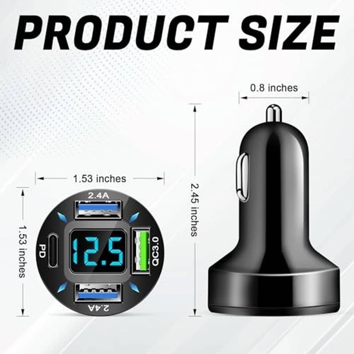 Black car charger adapter with LED screen and USB-A plus USB-C port layout