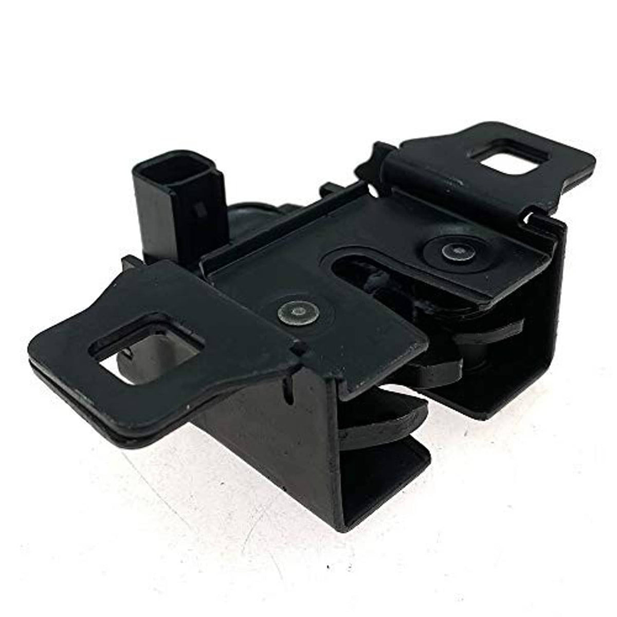 Black hood latch release switch sensor with two adjustment plates and connector opening