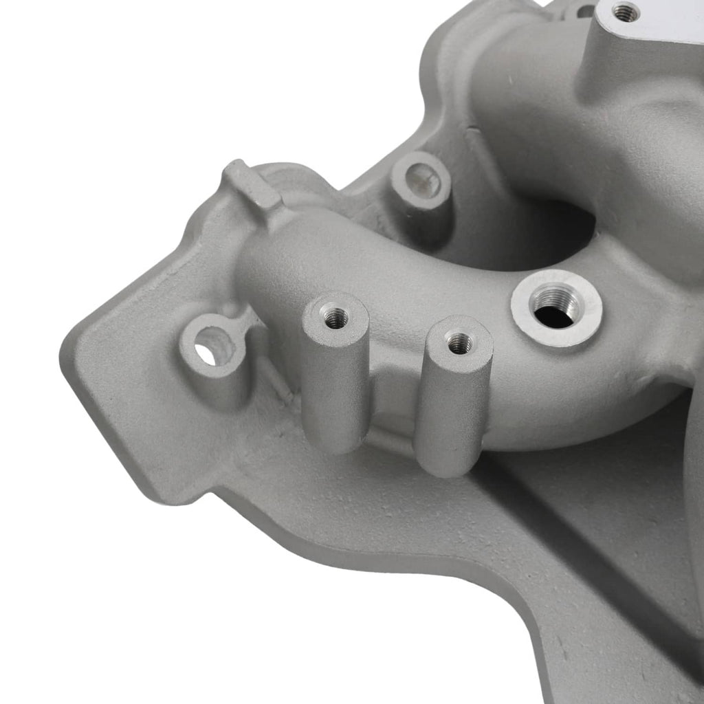 Engine intake manifold, gray cast aluminum with mounting holes and ports