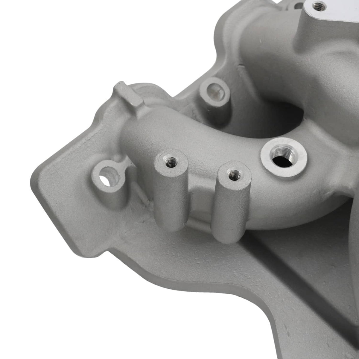 Engine intake manifold, gray cast aluminum with mounting holes and ports