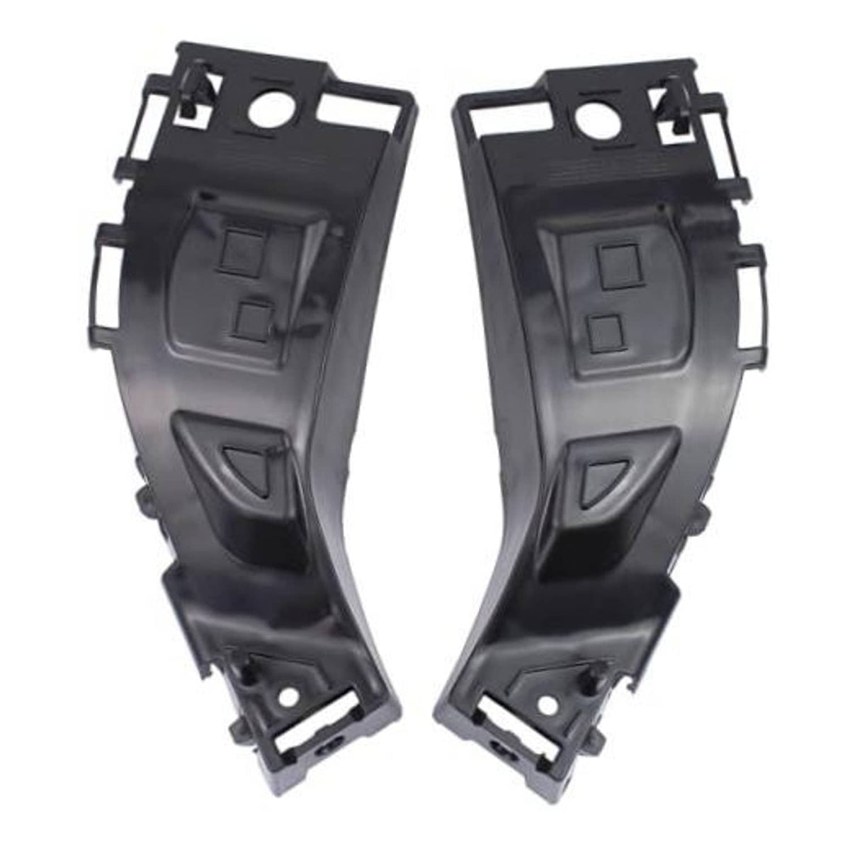 Pair of dark gray front bumper cover support rails with molded tabs and mounting holes