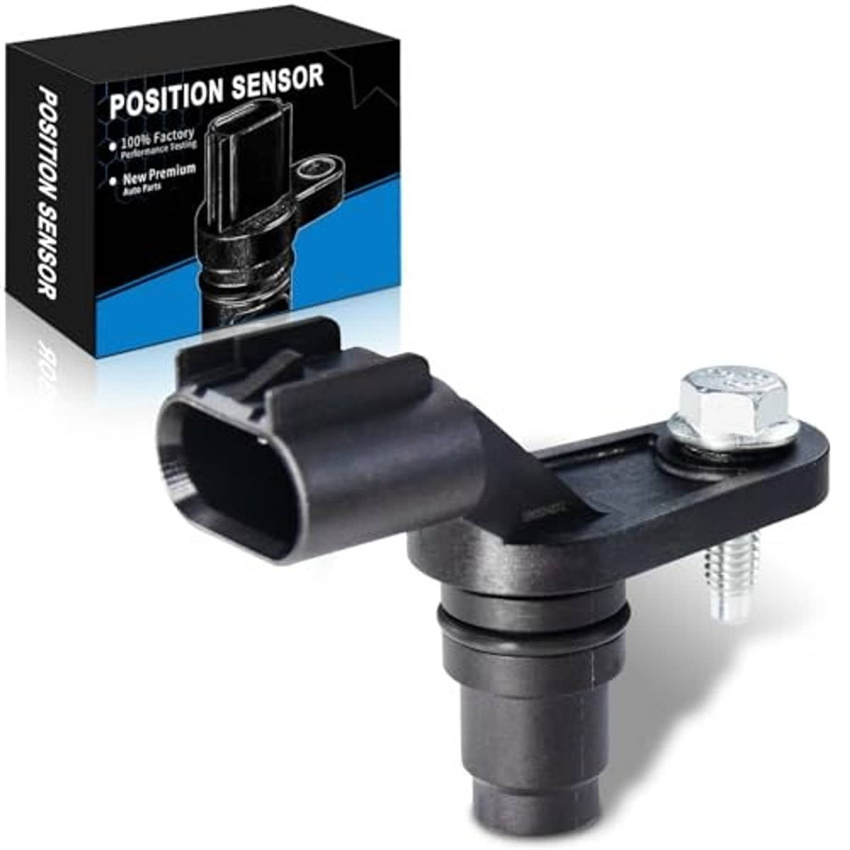 Camshaft position sensor with black housing and silver mounting bolt, angled product view
