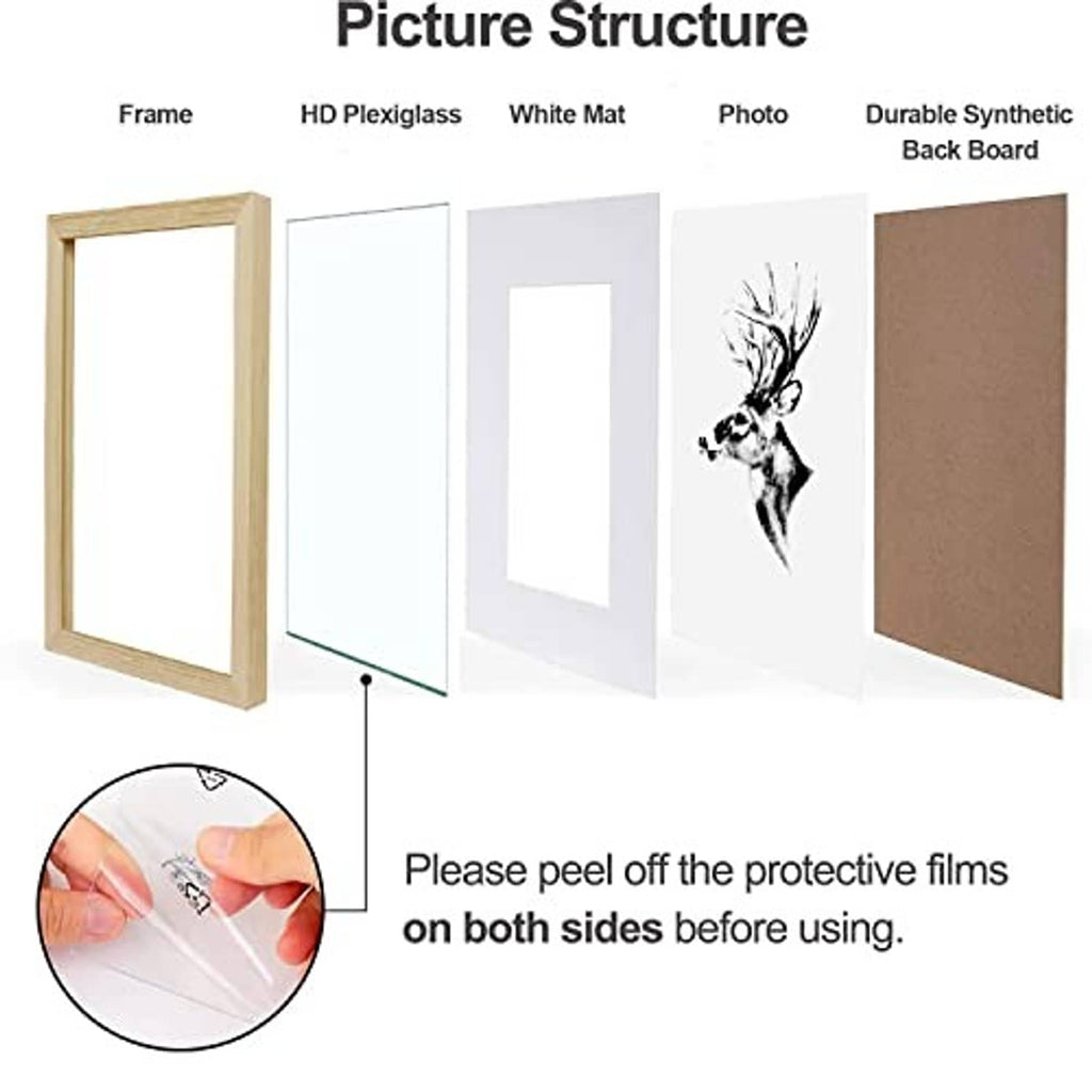 Light oak picture frame components: frame, HD plexiglass, white mat, and backboard