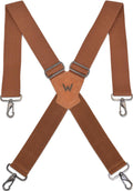 Brown X-back lifting strap with top-grain leather pad and metal hooks