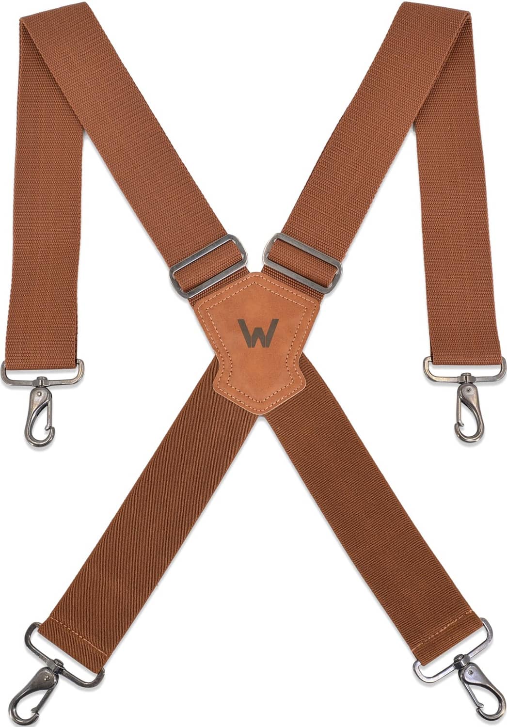Brown X-back lifting strap with top-grain leather pad and metal hooks