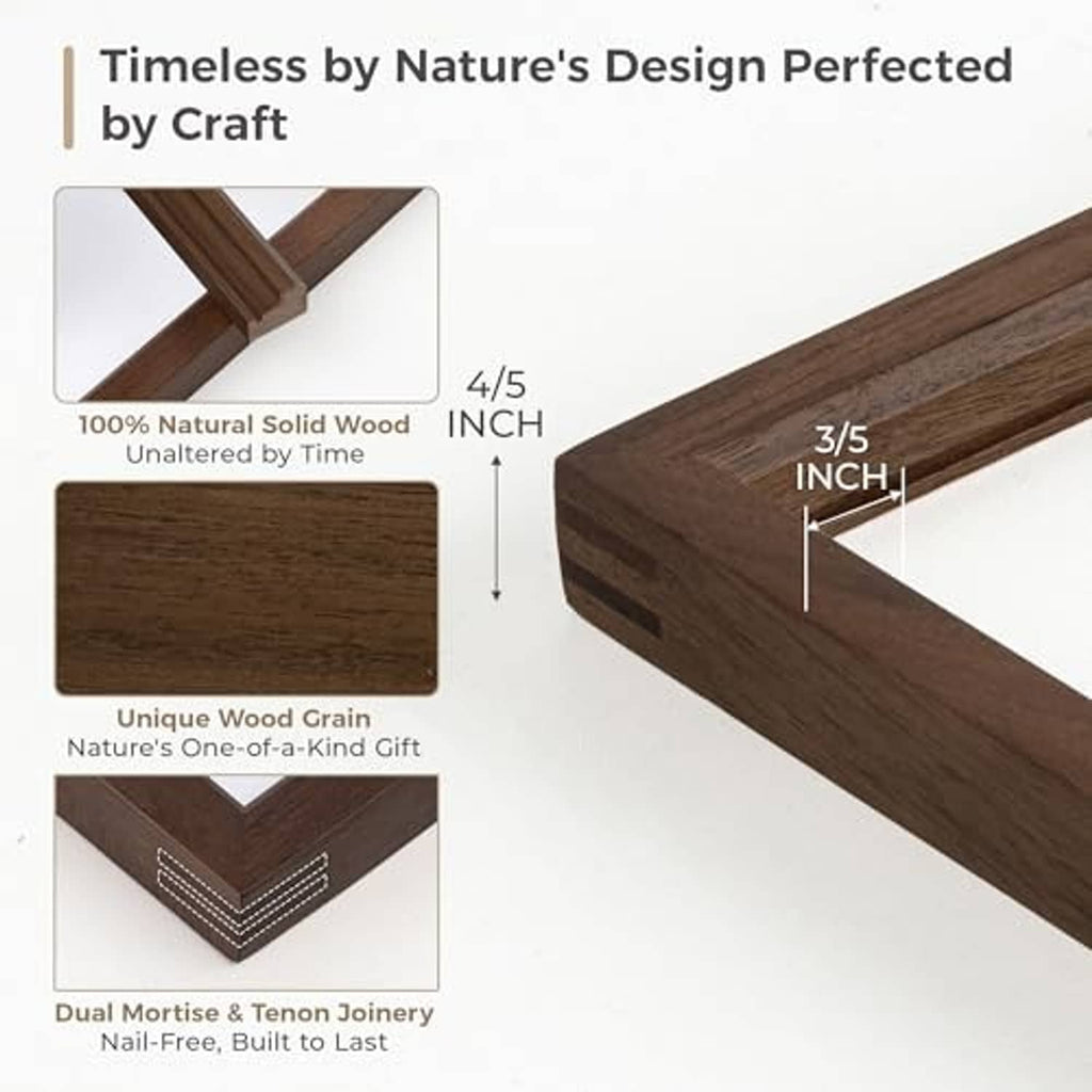 Walnut frame corner joint details with natural wood grain (wood construction view)