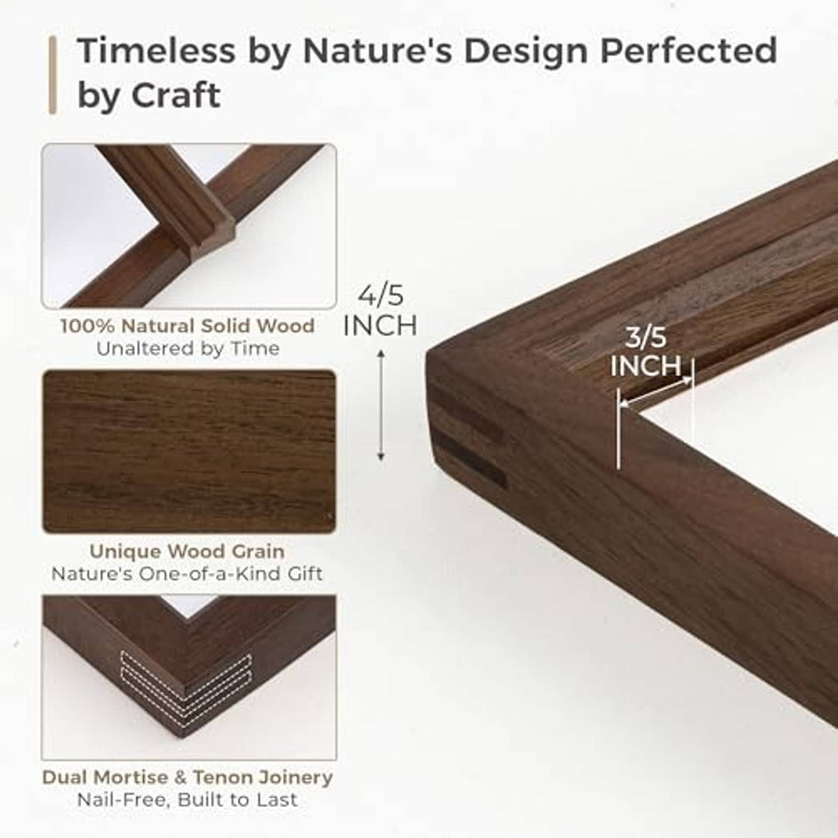 Walnut frame corner joint details with natural wood grain (wood construction view)