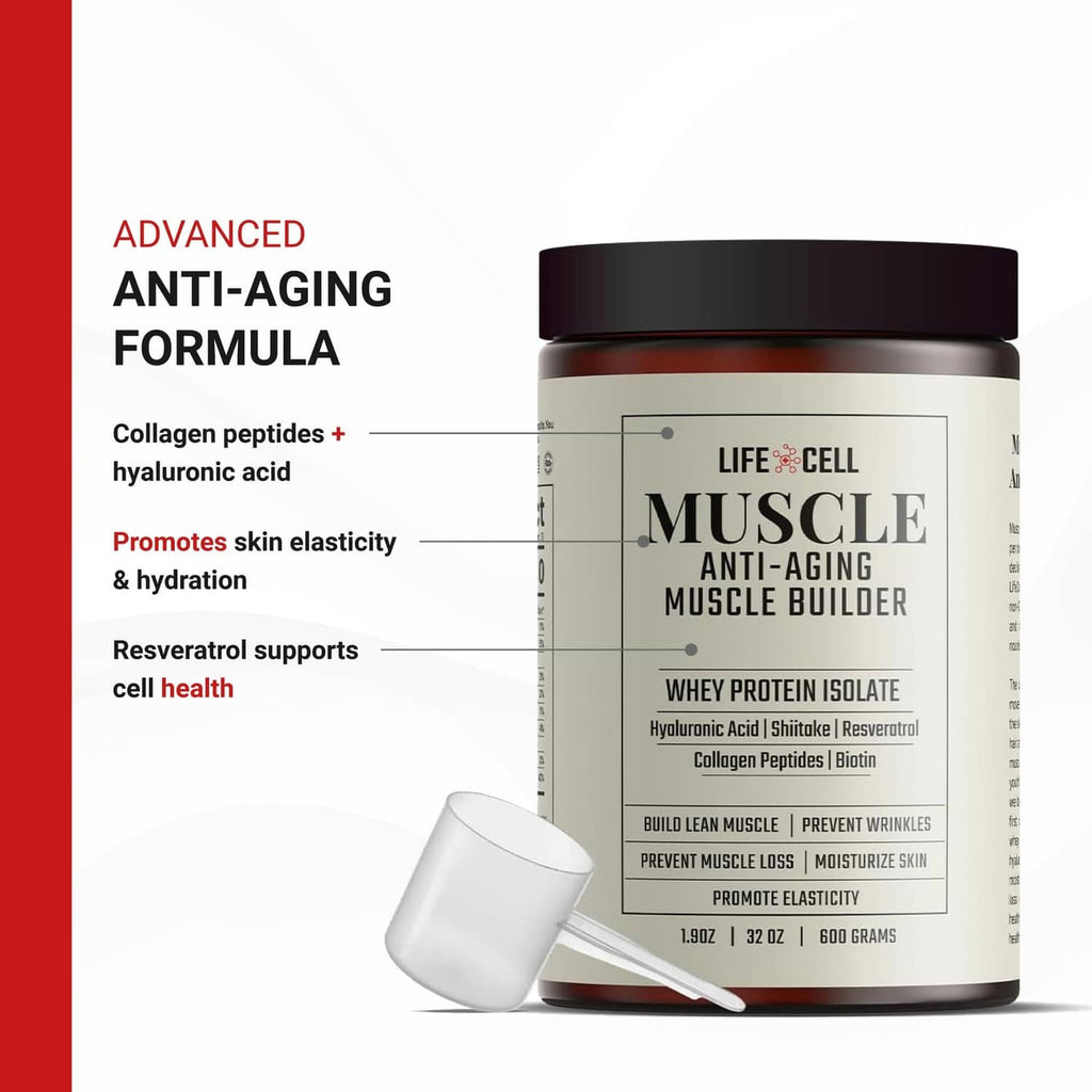 LifeCell Muscle Anti-Aging whey protein tub with dark lid and serving scoop
