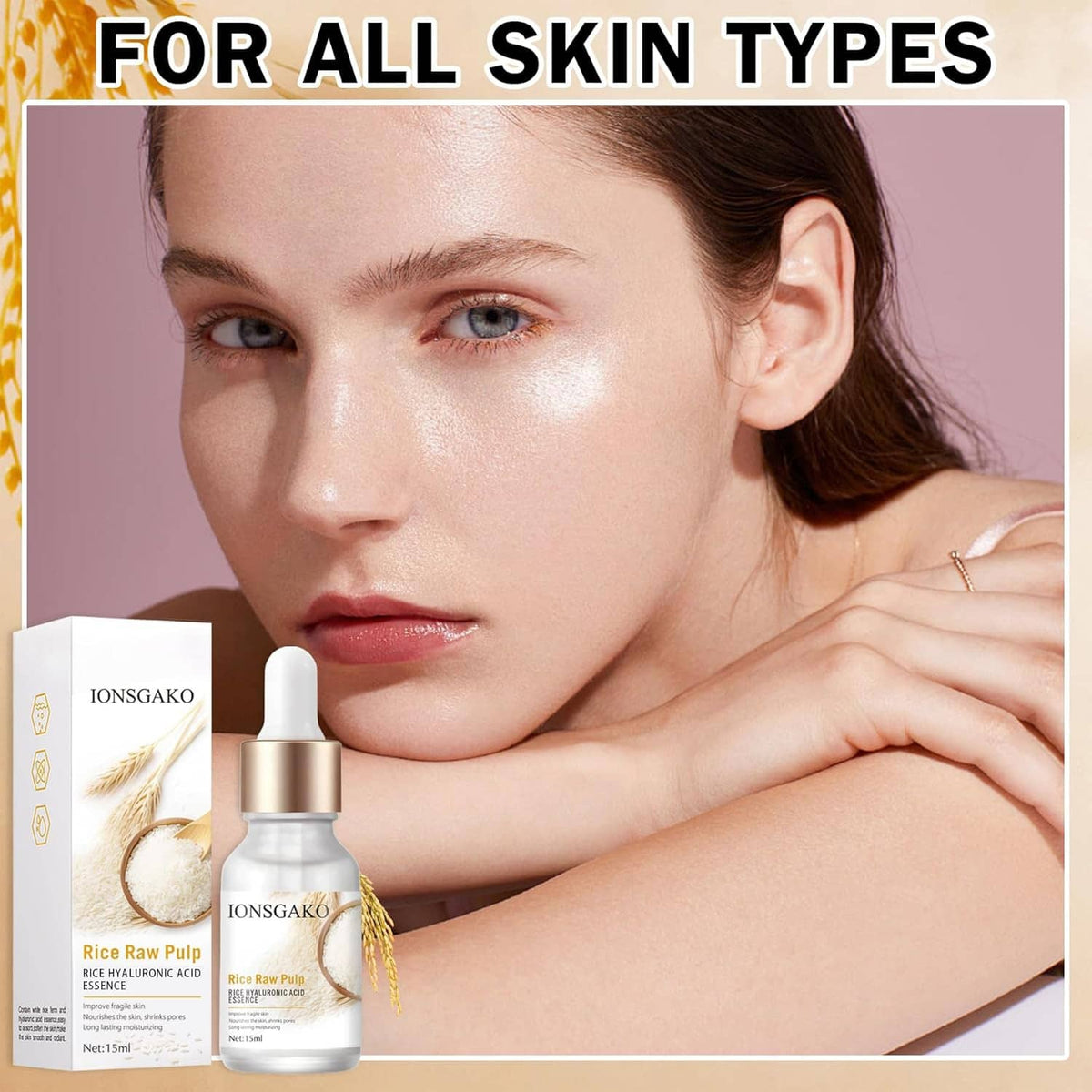 IONGSAKO rice essence serum bottle and white package shown with model on a plain background