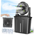 Black portable misting fan with rotating grille on a large water tank base