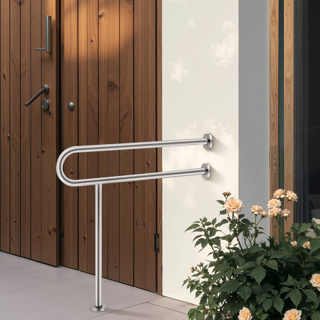 Installed stainless steel toilet safety grab bar with two horizontal rails and wall mounts.