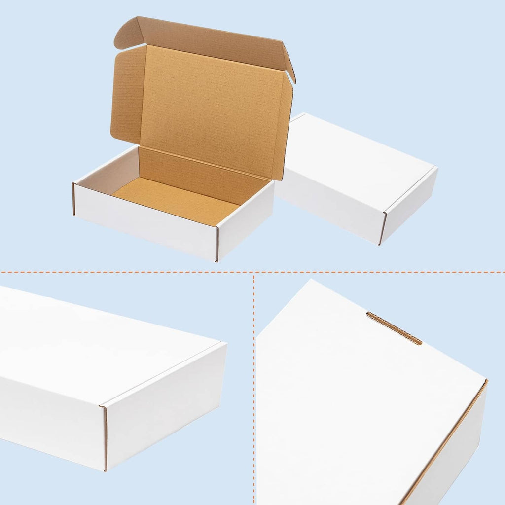 Corrugated shipping boxes in 9x6x2 in size, open and closed views