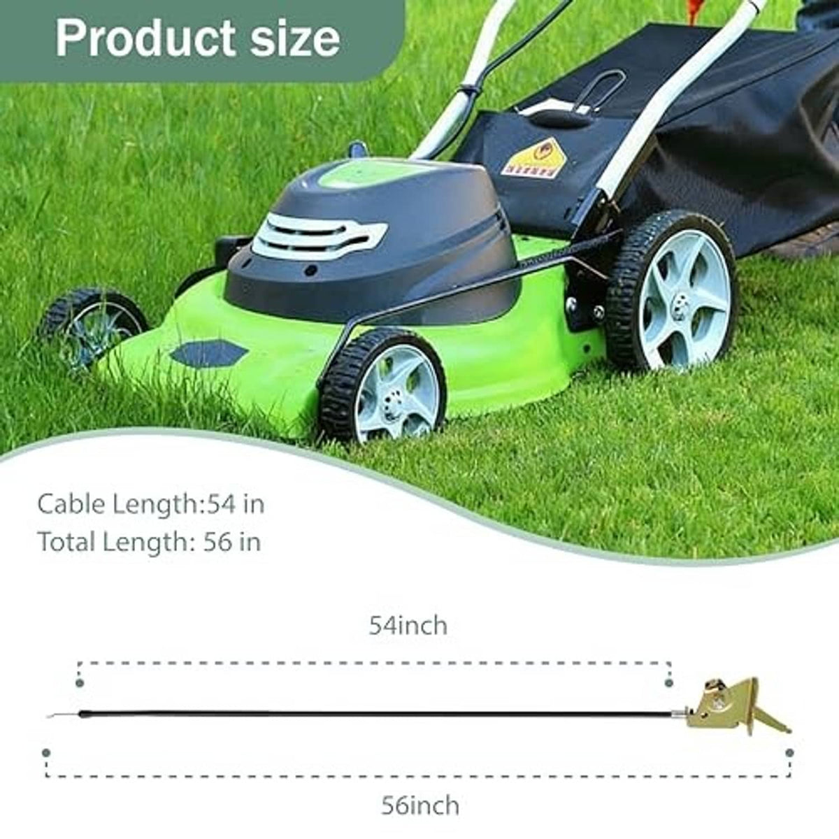 Throttle control cable with black cable and gold bracket, length diagram shown