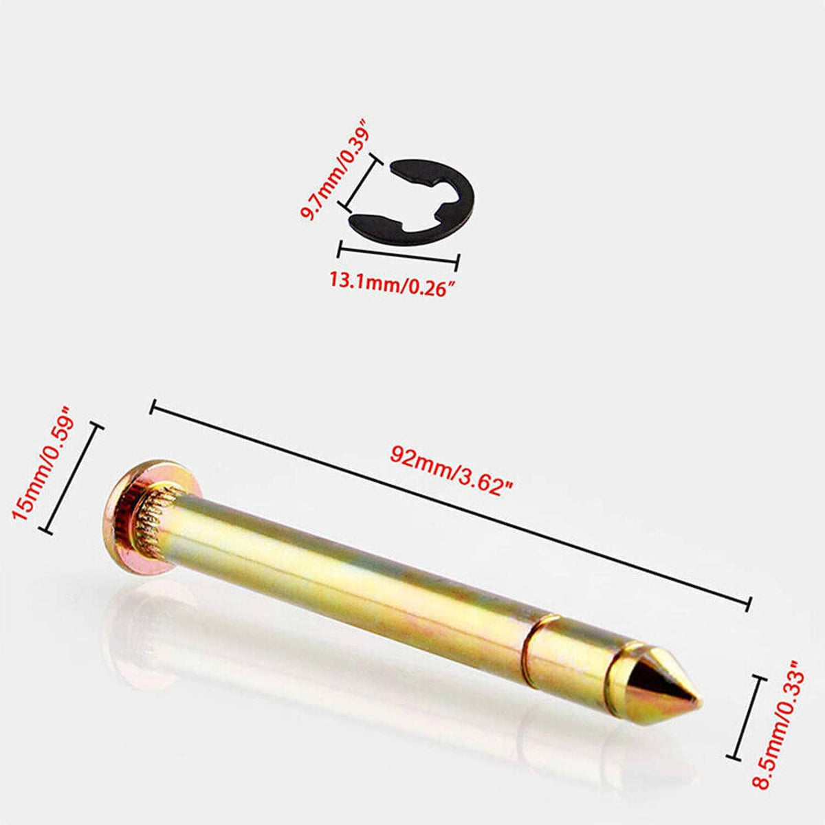 Gold door hinge pin with black retaining clip outline, showing approximate dimensions