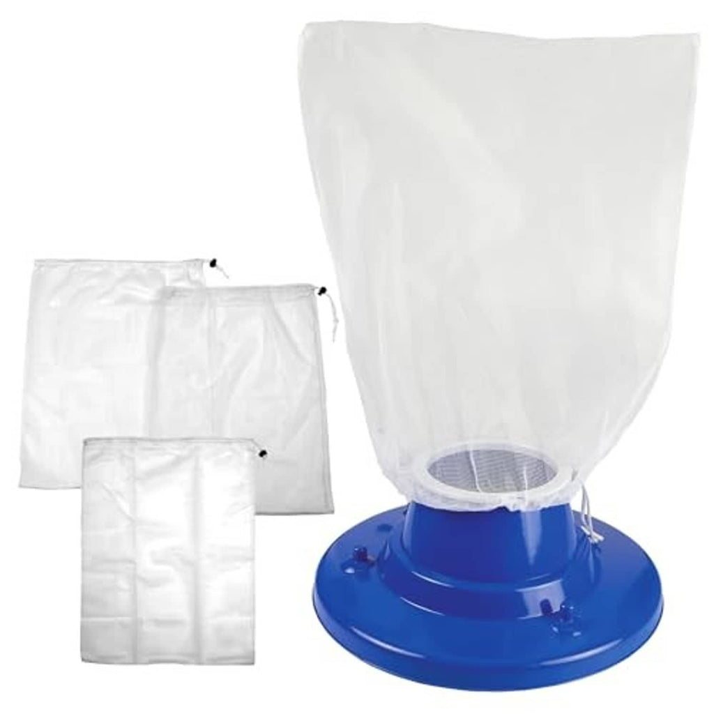 Blue pool leaf vacuum head with three white collection bags