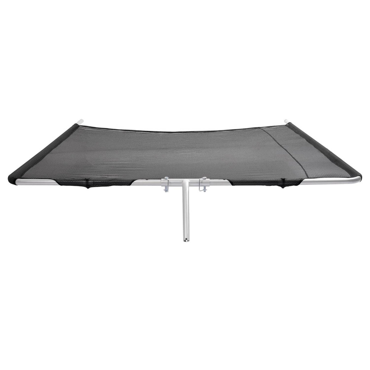 Boat sun shade with dark gray mesh top and central mounting post with two side poles