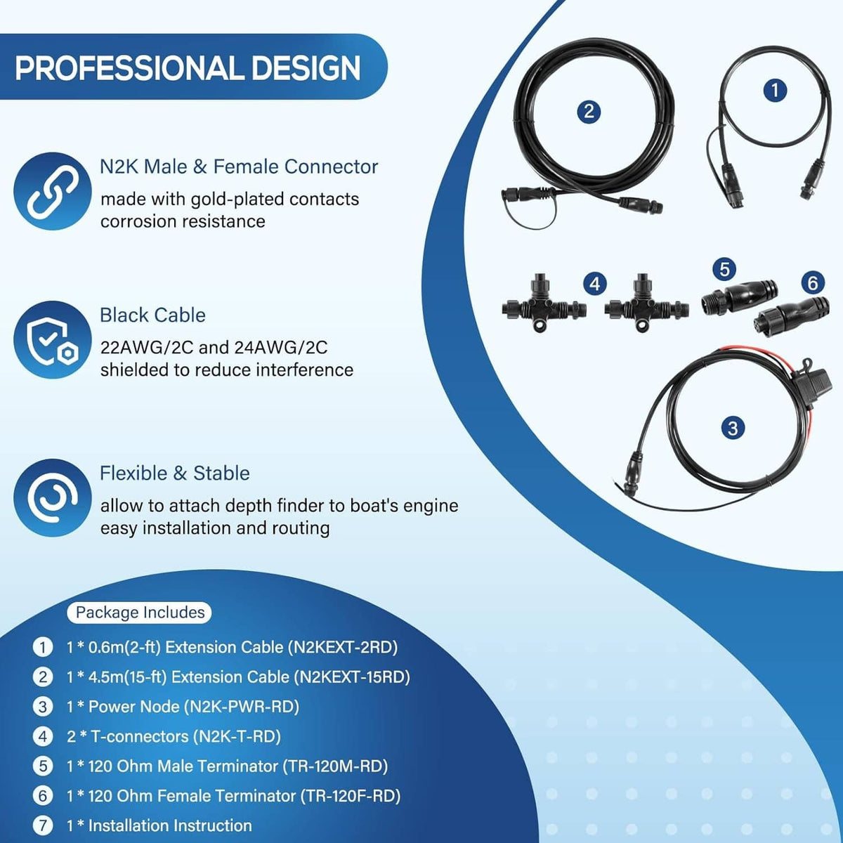 NMEA 2000 N2K male-to-female connector cable set with flexible black wiring