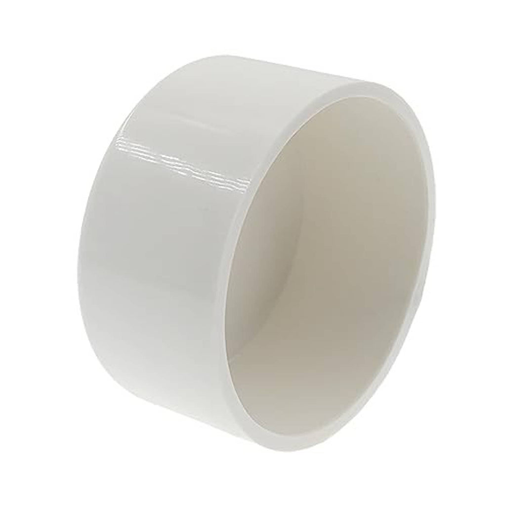 White PVC pipe end cap plug, side view showing hollow interior