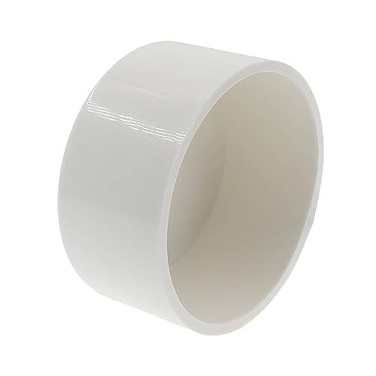 White PVC pipe end cap plug, side view showing hollow interior