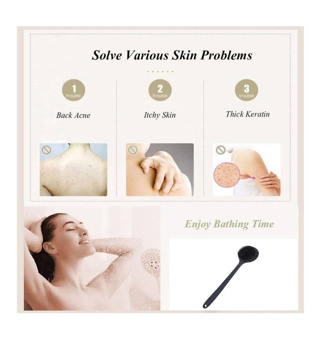 Round black silicone back scrubber with long handle.
