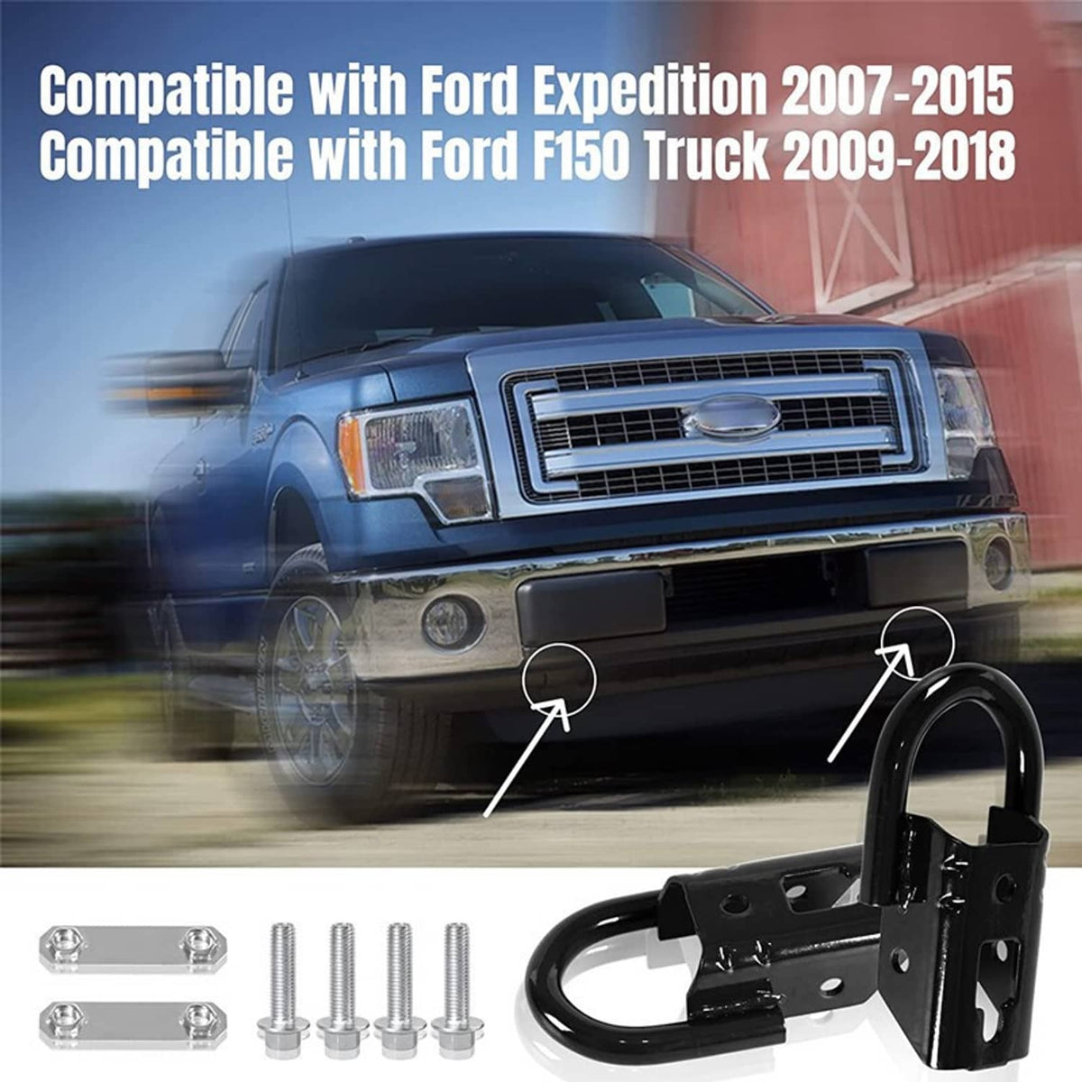 Black tow hook kit with two brackets and included bolts, angled view