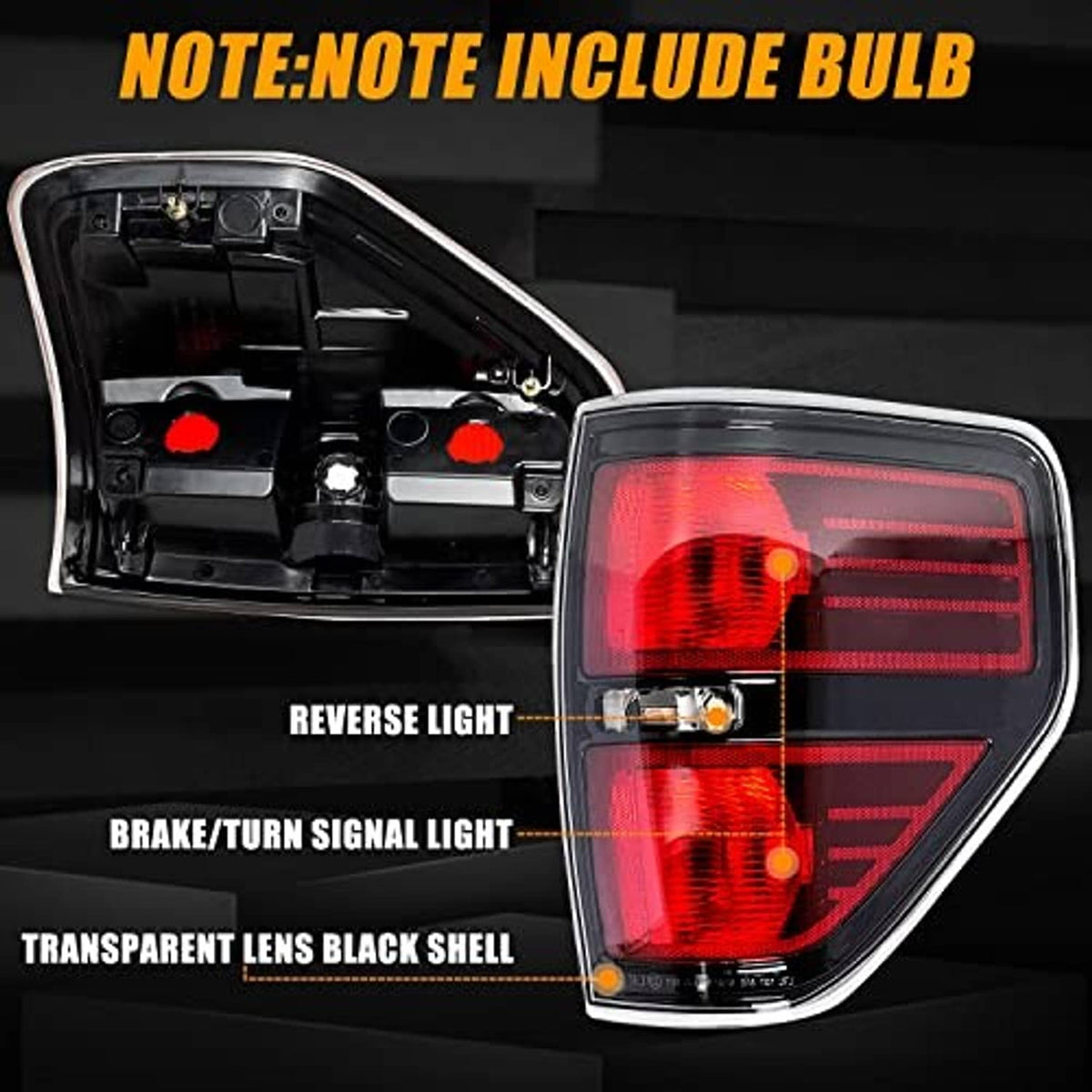 Rear tail light with transparent red lenses and black shell, showing internal sockets
