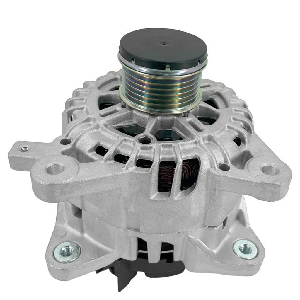 Silver alternator with top pulley, vent openings, and four mounting feet
