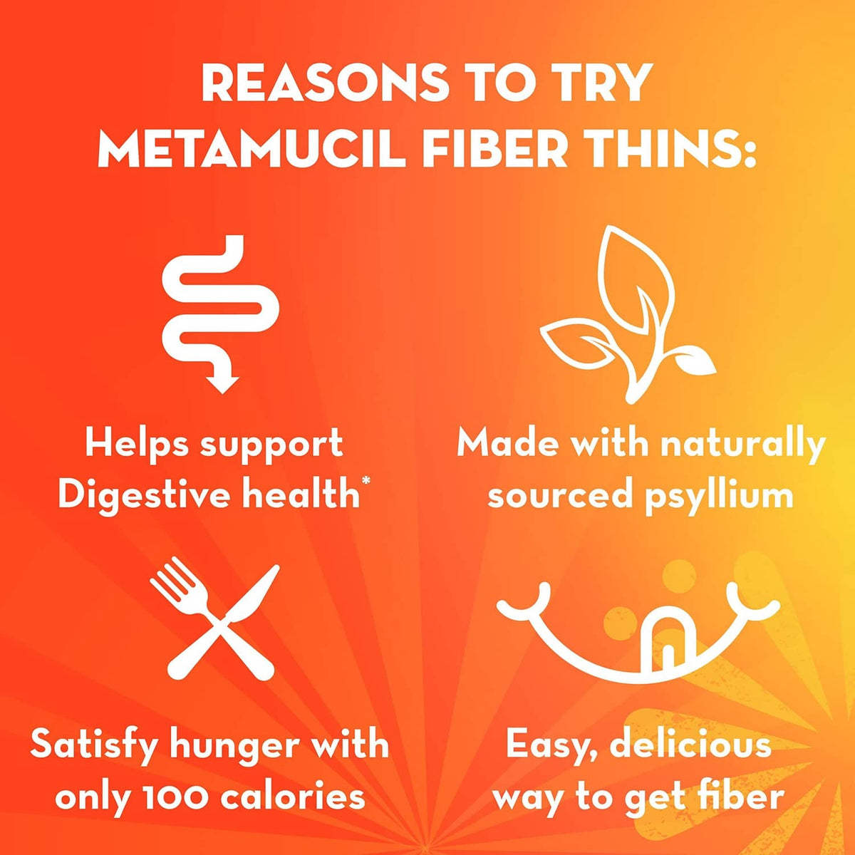 Metamucil Fiber Thins reasons-to-try marketing graphic with digestive health icons
