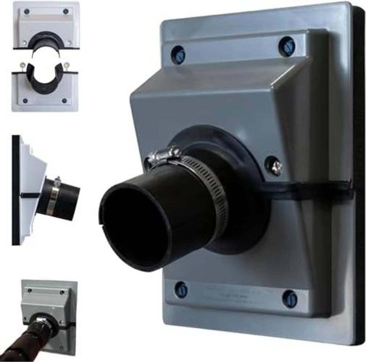 Gray wall line-set cover kit, black connector port with metal ring detail