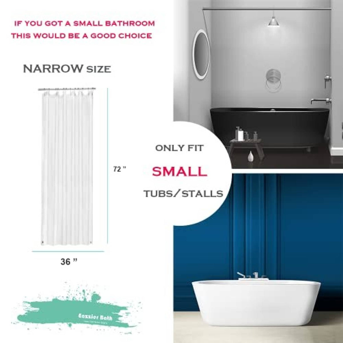 Clear shower curtain liner for small tubs or stalls, narrow 36 x 72 inch fit