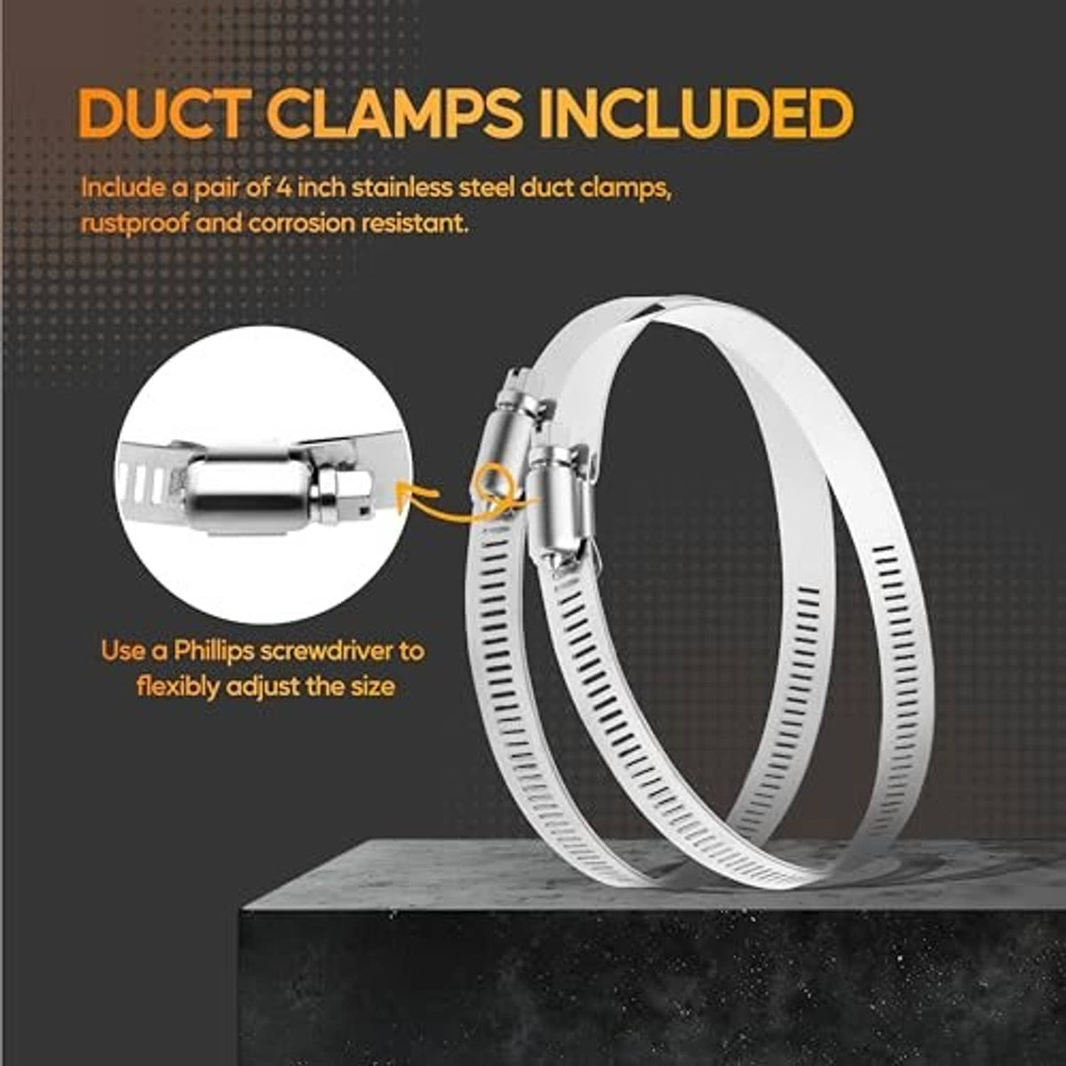 Flexible aluminum ducting with metal duct clamp, light gray corrugated hose loop